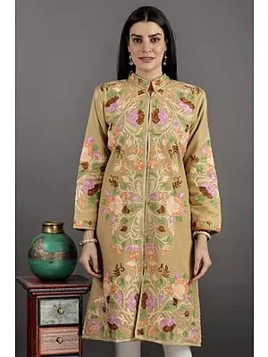 Beige Long Jacket From Kashmir With Multicolor Floral Aari-Embroidery