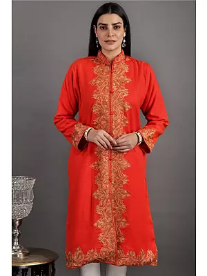 Cherry-Tomato Pure-Wool Long Jacket from Kashmir with Giant Aari-Embroidered Paisley and Flowers