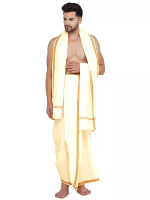 Plain Silk Dhoti and Angavastram Set with Striped Border from ISKCON Vrindavan by BLISS