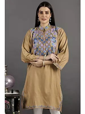 Latte Woolen Kurti From Kashmir With Paisley and Floral Aari Embroidery