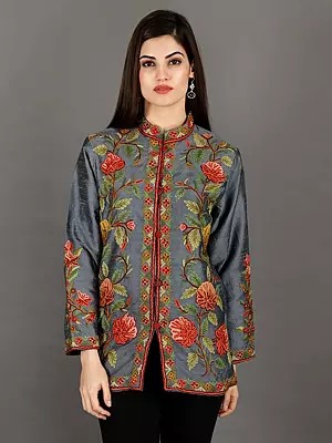 Quicksilver Mandarin Jacket from Kashmir with Multicolor Floral Kashida Embroidery