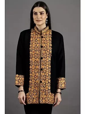 Black-Beauty Short Jacket from Kashmir with Aari Embroidered Flowers