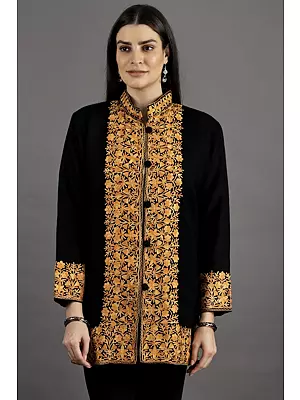 Black-Beauty Short Jacket from Kashmir with Aari Embroidered Flowers