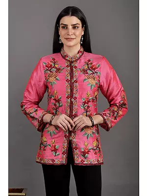 Sangria-Sunset Mandarin Jacket from Kashmir with Vibrant Kashida Embroidered Flowers