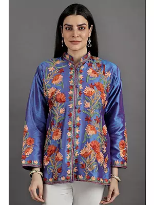 Palace-Blue Mandarin Jacket from Kashmir with Vibrant Aari Embroidered Giant Flowers