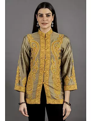 Tree-House Short Mandarin Jacket from Kashmir with Contrast Giant Paisley Embroidery