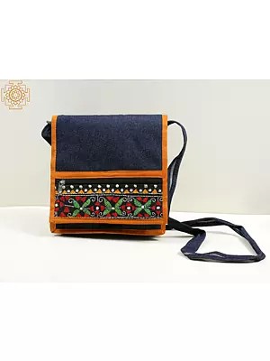 Midnight-Sail Denim Bag from Surajkund with Kantha Floral Hand-Embroidery & Leather-Stud Deailing