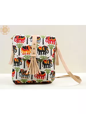 Bit-of-Blue Brocade Fabric Bag from Surajkund with Vibrant Elephant Print & Leather-Stud Detailing