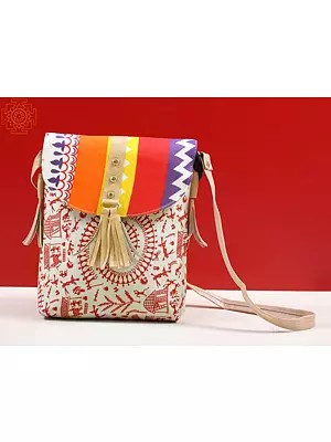Fabric Bag from Surajkund with Warli Print, Burst of Color on the Flap & Leather-Stud Detailing