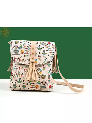 Fabric Bag from Surajkund with Multicolor Warli Print Depicting Celebration & Leather-Stud Detailing