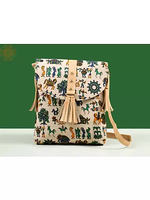 Fabric Bag from Surajkund with Leather-Stud Detailing & Multicolor Warli Print Depicting A Day in Life