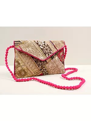 Multicolored Ethnic Zari Sequin Embroidered Handcrafted Clutch Bag with Damru Dori From Jaipur