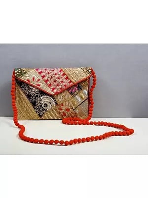Multicolored Ethnic Zari Sequin Embroidered Handcrafted Clutch Bag with Damru Dori from Jaipur