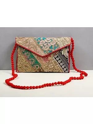 Multicolored Ethnic Zari Sequin Embroidered Handcrafted Clutch Bag with Damru Dori from Jaipur
