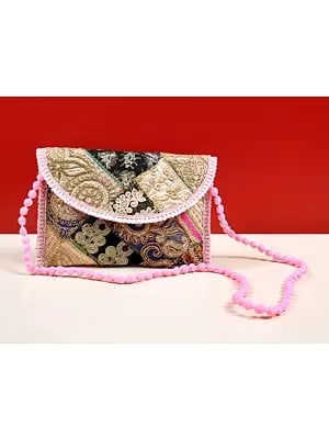 Patchwork Zari Sequin Embellished Handcrafted Clutch Bag with Threadwork Edges & Damru Dori From Jaipur