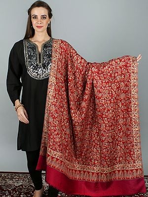 Woolen Jamawar Shawl With Woven Paisley And Flower Motif
