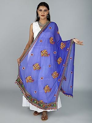 Phulkari Dupatta With Sequin Embroidered Dandiya Motif And Saori Lace On The Borders From Rajasthan