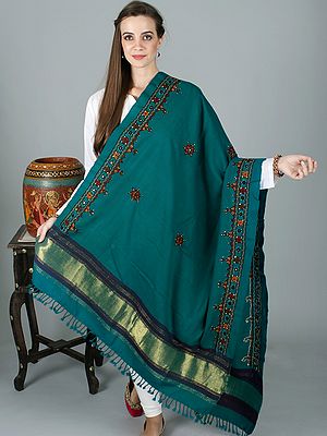Kayaking Woolen Shawl from Kutch with Zari Border And Chakra Mirror Embroidery