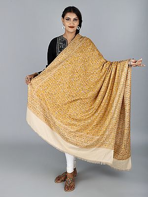 Jamawar Woolen Shawl with All Over Floral Pattern and Paisley Motif Border