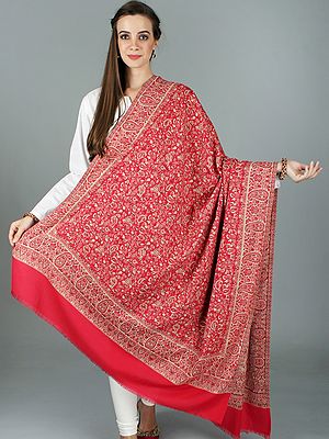 Jamawar Woolen Shawl with All Over Floral Pattern and Paisley Motif Border