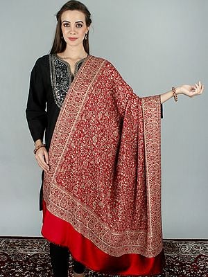 Jamawar Woolen Shawl With All Over Floral Pattern And Paisley Motif Border
