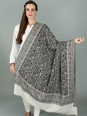 Jamawar Woolen Shawl with All Over Floral Pattern and Paisley Motif Border