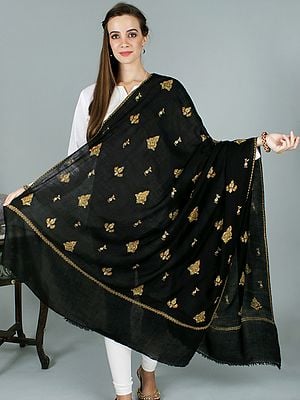 Caviar Pure Pashmina Shawl from Kashmir with Elegant Sozni-Embroidered Motifs by Hand