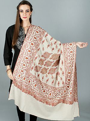 White-Sand Pure Pashmina Shawl from Kashmir with Rich Sozni Hand-Embroidered Flowers in Multicolor Thread