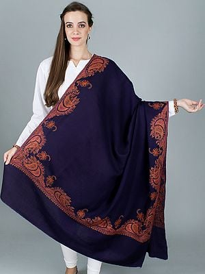 Mulberry-Purple Kashmiri Shawl With Fine Rich Sozni Embroidery on Border By Hand