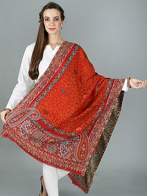 Goji-Berry Jamawar Stole from Kashmir with Floral and Giant Paisleys