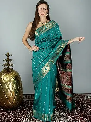 Teal Blue Baluchari Handloom Silk Saree with Arjuna and Mahabharata Scenes