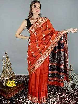 Koi Baluchari Silk Handloom Saree with Thread Embroidered Krishna-Arjuna Mahabharata Samvaad