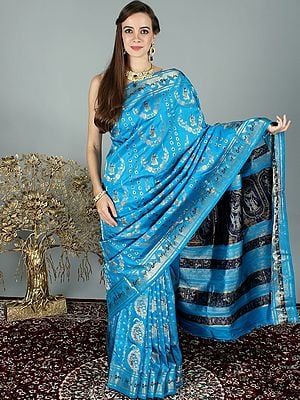 Blue-Jewel Baluchari Silk Handloom Saree With Zari Embroidered Darbaar Nritya