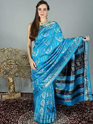Blue-Jewel Baluchari Silk Handloom Saree With Zari Embroidered Darbaar Nritya