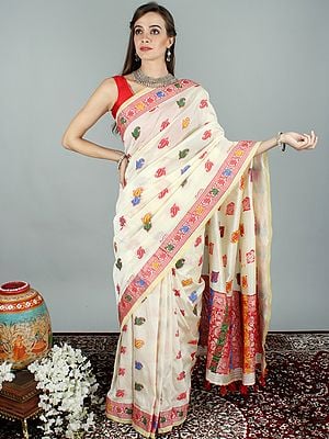 Winter-White Art Silk Sari From Assam With Woven Paisley-Flower All-over And Tassels On The Pallu