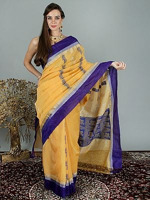 Buff-Yellow Cotton Saree From Assam With Contrast Floral And Silver Zari Woven Motif