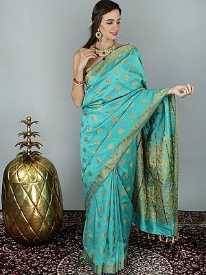 Turquoise Art Silk Saree From Assam With Golden Zari Woven Motif And Tassles On The Pallu