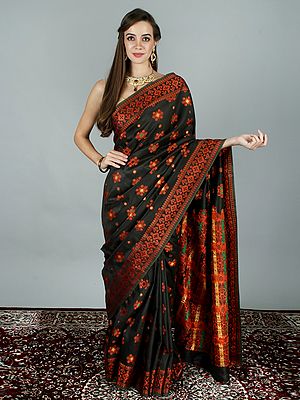 Black-Onyx Art Silk Saree From Assam With Contrast Thread Woven Motif And Tassles On The Pallu