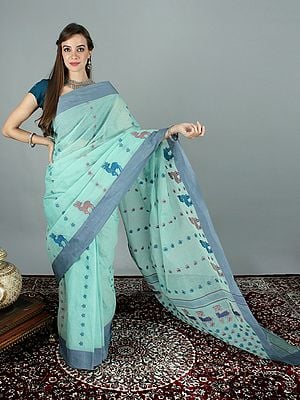 Lichen Tant Pure Handloom Cotton Saree With Floral Butti All Over And Deer Motif On The Border