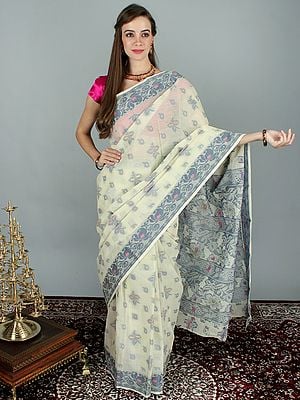 Pastel-Yellow Tant Pure Handloom Cotton Saree With Woven Floral Butti All Over