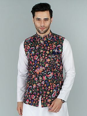 Chikan Ethnic Nehru Jacket Waist Coat with Multicolor Kani Print