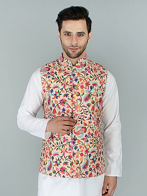 Chikan Ethnic Nehru Jacket Waist Coat With Multicolor Kani Print