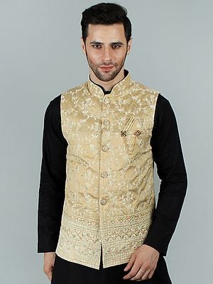 Art Silk Ethnic Nehru Jacket Waist Coat With Delicate Thread Embroidery And Sequin Work