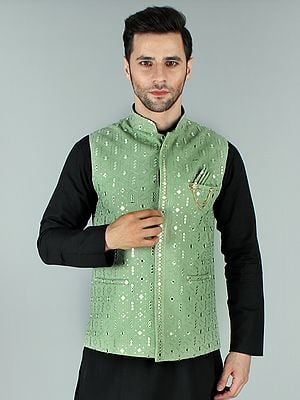 Ethnic Nehru Jacket Waist Coat with Thread-Sequin and Mirror Work Embroidery