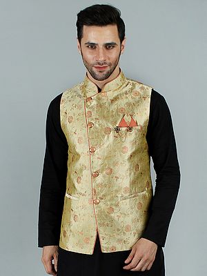 Elegant Gold Brocade Fabric Ethnic Jacket with Contrast Floral Motif