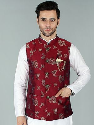 Brocaded Modi Jacket Waist Coat with Golden Floral Motif