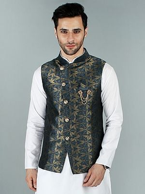Asymmetric Jacquard Silk Modi Jacket Waist Coat with Mukaish Work