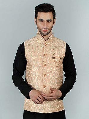 Elegant Jacquard Silk Modi Jacket Waist Coat With Mukaish And Thread Detailing