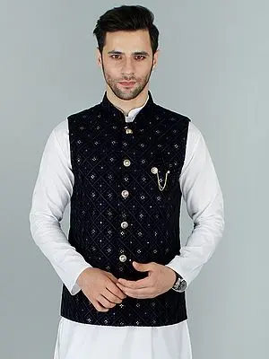 Naval-Academy Soft Velvet Nehru Jacket Waist Coat with Sequin and Lucknowi Embroidery