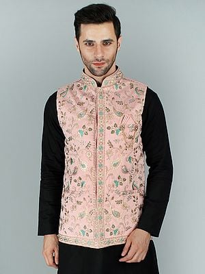 Crystal-Rose Art Silk Ethnic Nehru Jacket Waistcoat with Multicolor Floral Silk Embroidery and Sequin Work